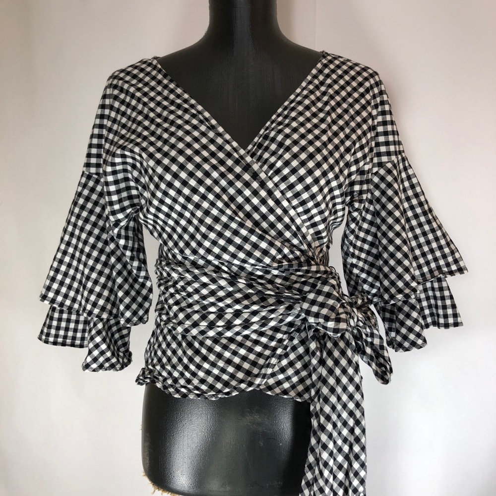 WAYF Gingham Wrap Top Black and White Sash Closure